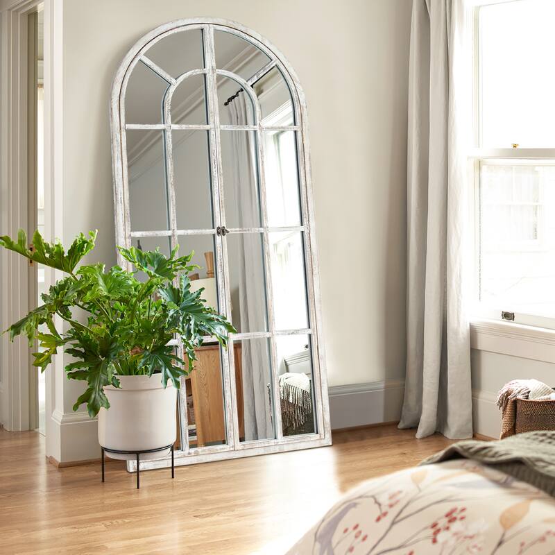 Rustic Wood Arched Window Wall Mirror - Distinctive Full Length Vanity Mirror - 31x71 - Weather white