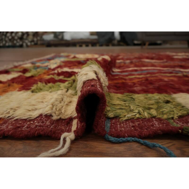 Hand Knotted Oriental 100% Wool Carpet Modern Tribal Red Moroccan Area Rug - 9' 8'' X 7' 1''