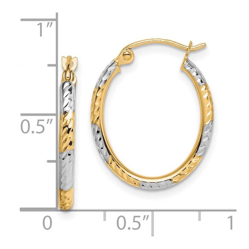 Curata 10k Yellow Gold and Rhodium Diamond Cut Patterned Oval Hoop Earrings 21x2mm