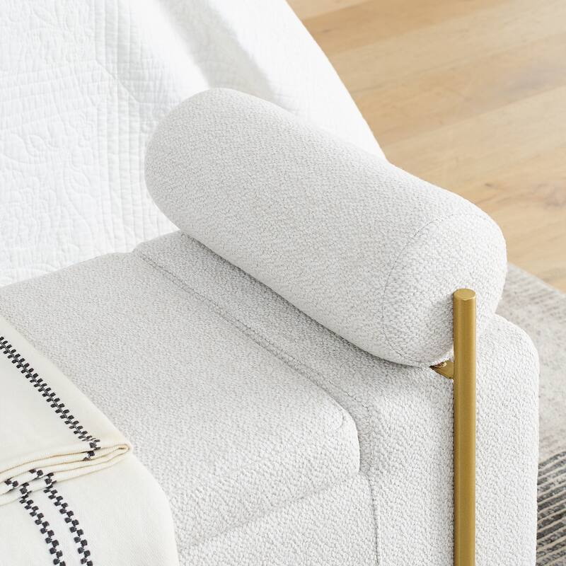 Upholstered Storage Bench with Cylindrical Arms and Iron Legs