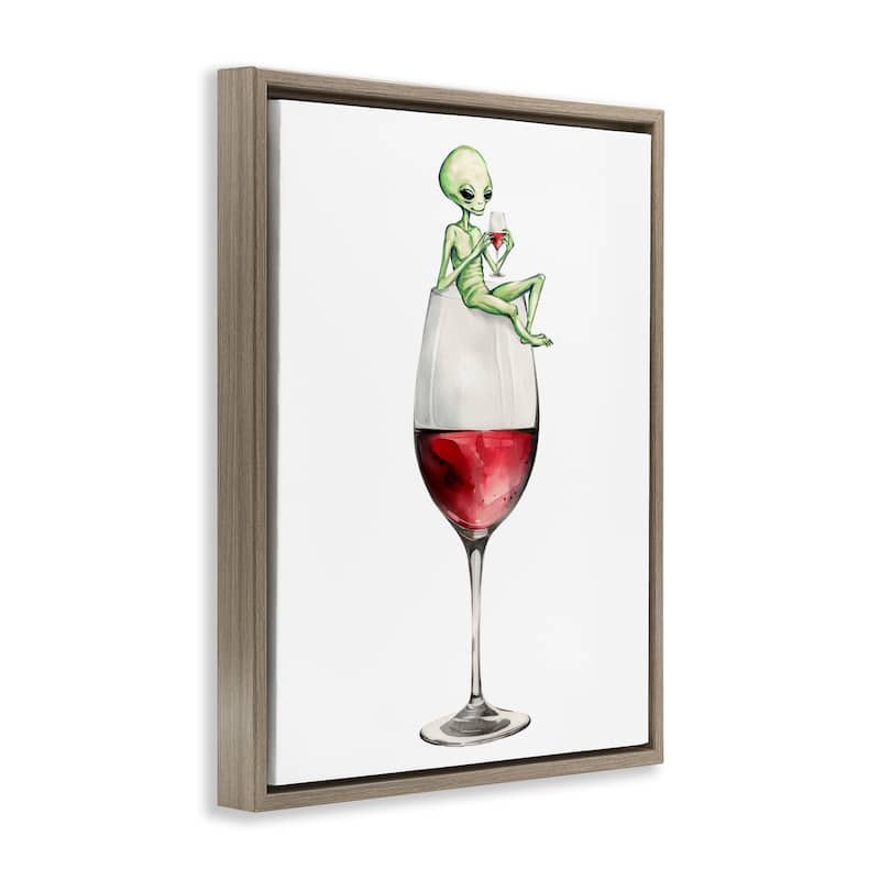 Stupell Alien Perched on Wine Glass Framed Floater Canvas Wall Art Design By Lil' Rue