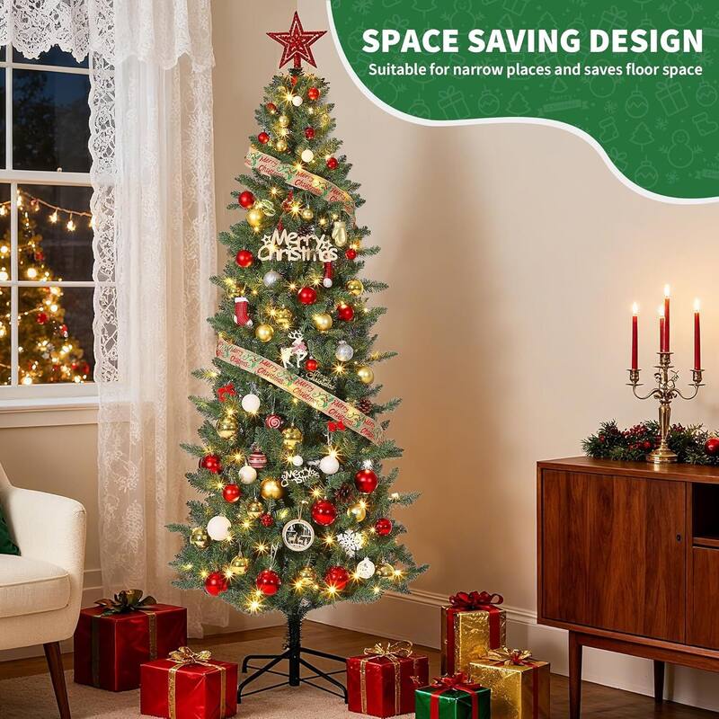 Slim Artificial Pre-Lit Holiday Christmas Trees for Office, Home, Holiday