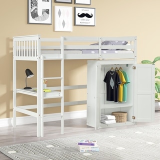 Modern Style Solid Pine Wood Twin Size Loft Bed with Desk and Wardrobe ...