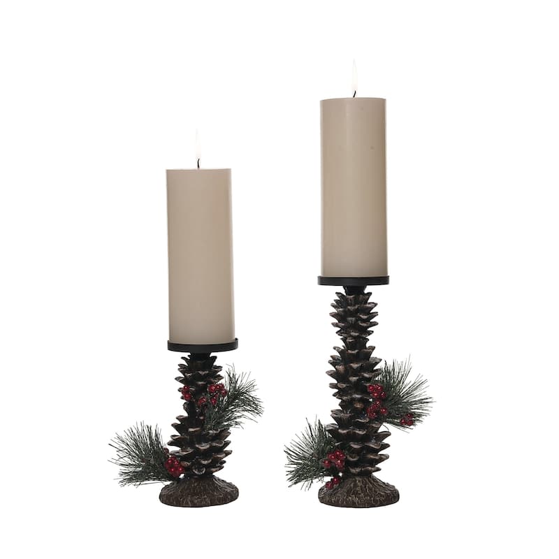 Transpac Resin 10 in. Multicolored Christmas Rustic Pinecone Candle Holders Set of 2