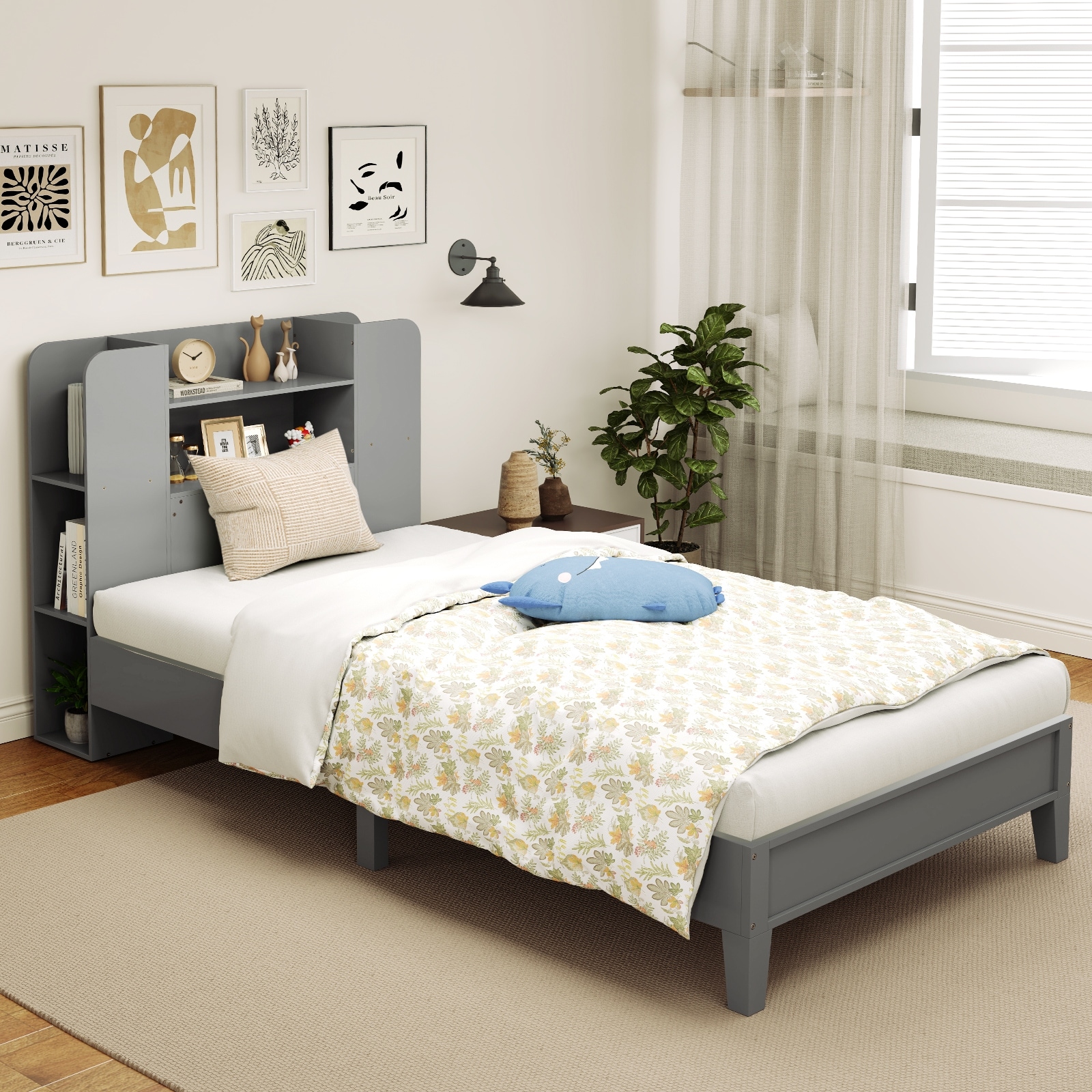 Twin Size Wooden Platform Bed Frame with Storage Headboard and 2-Tier Shelf