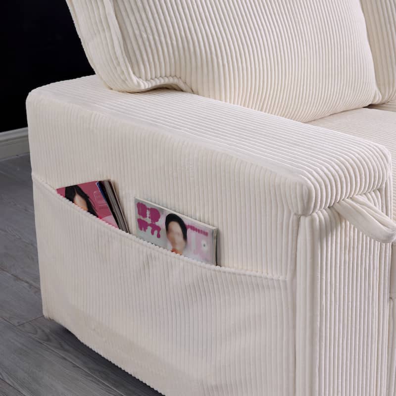 Pull Out Sleeper Sectional Sofa Bed Corduroy L-shaped Couch with Reversible Storage Chaise, Side Pockets and Hidden Cup Holders