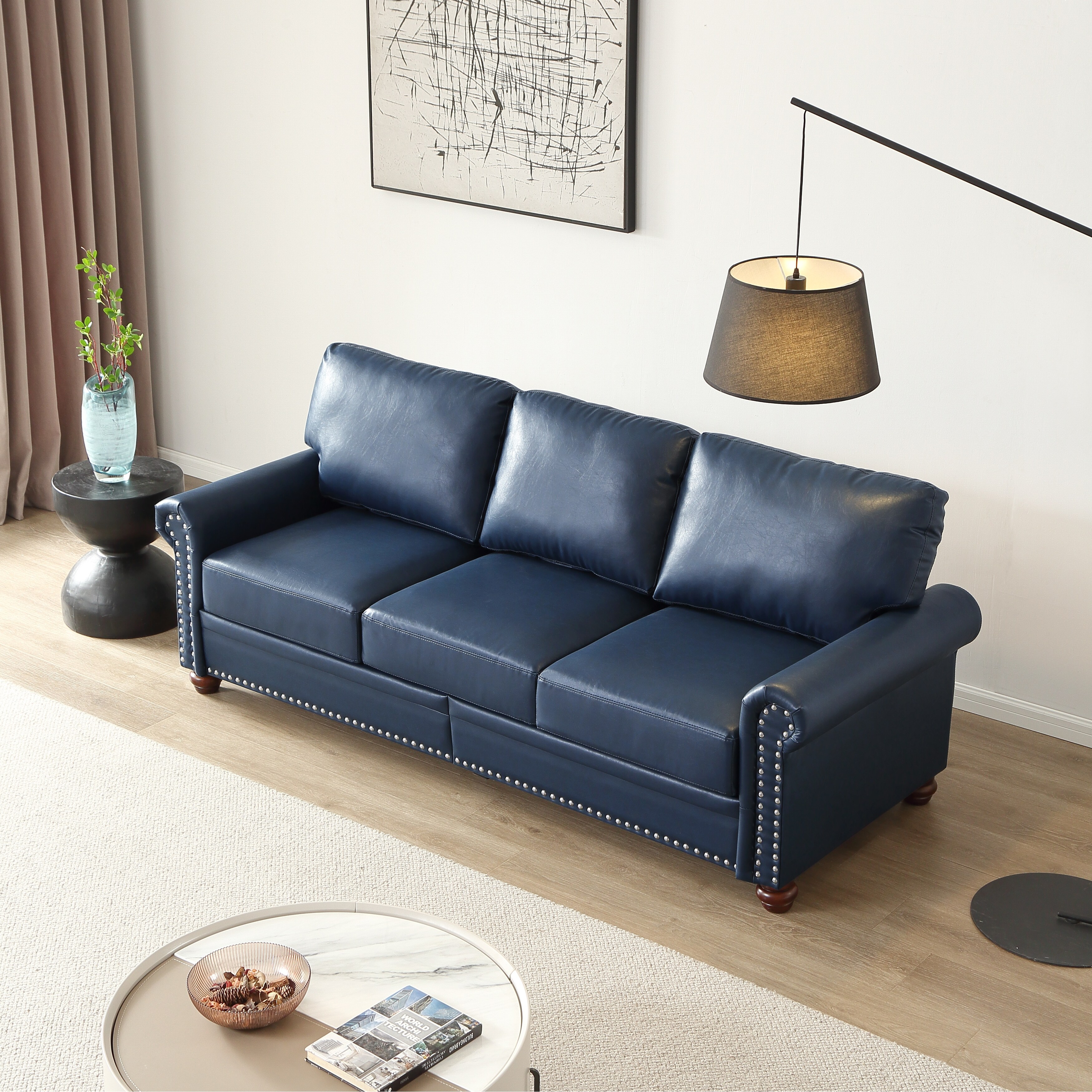 Navy blue leather living room shop set