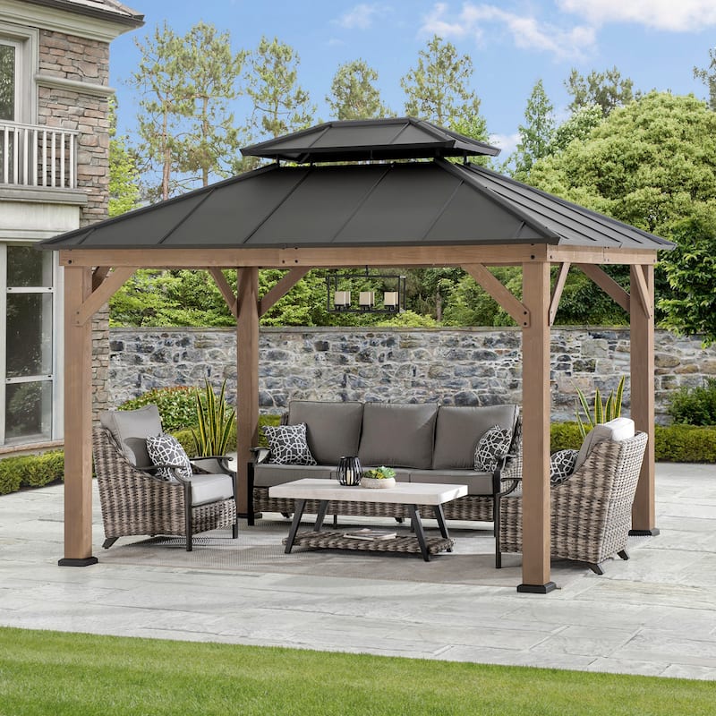 Sunjoy Outdoor Cedar Wood Frame Patio Gazebo Steel Hardtop - 10x12 - Hammered Brown