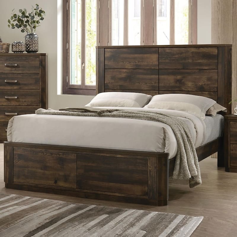 Wood Panel Bed in Rustic Walnut Finish