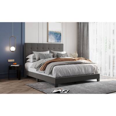 Linen Upholstered Platform Bed, Box Spring Needed, Queen Size