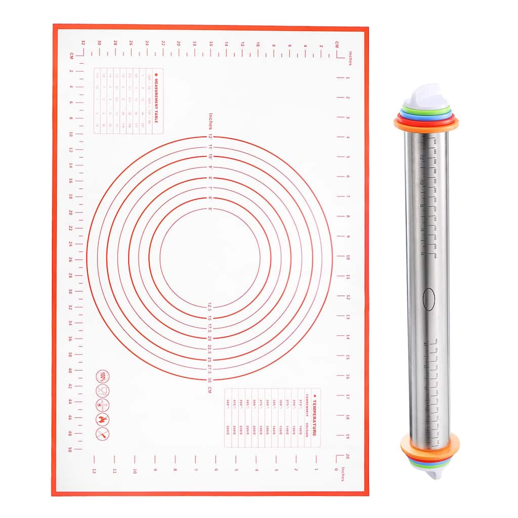 Rolling Pin with Silicone Baking Pastry Mat 43cm x 4.3cm for Baking - Silver, Red