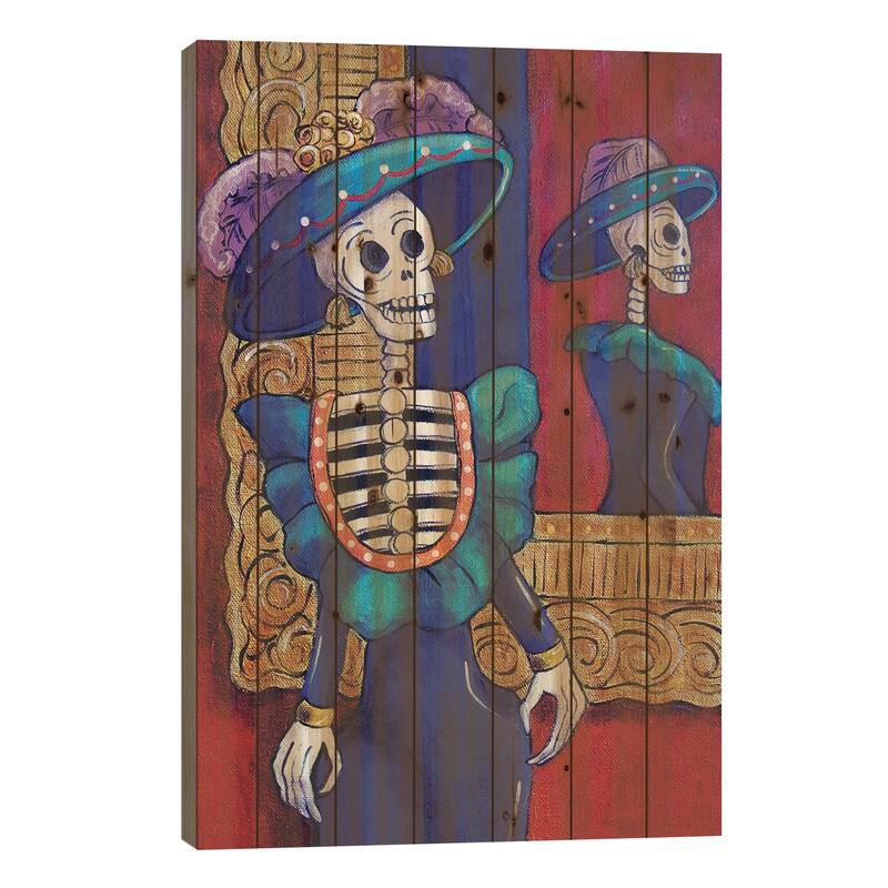 Catrina In The Mirror Print On Wood by Candy Mayer - Multi-Color - 26x18x1.5