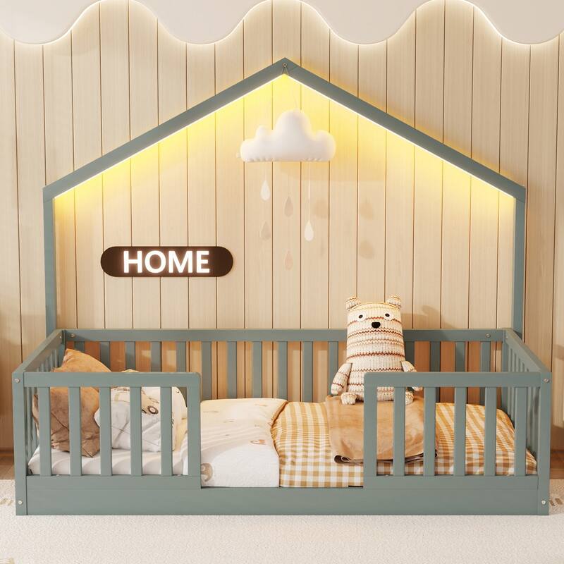 Twin Floor Bed with High Rails, Wooden Montessori Bed with Light for Kids, Boys and Girls