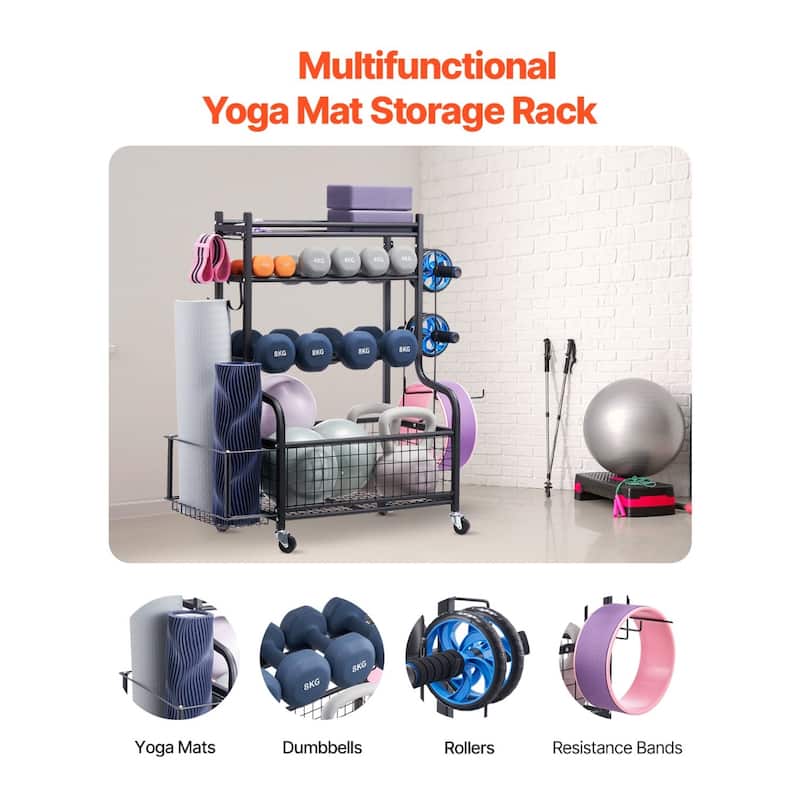 Black Steel Gym Rack with Wheels, Hooks and 4-Tier Storage Shelf - 40.6” L x 16” W x 38” H