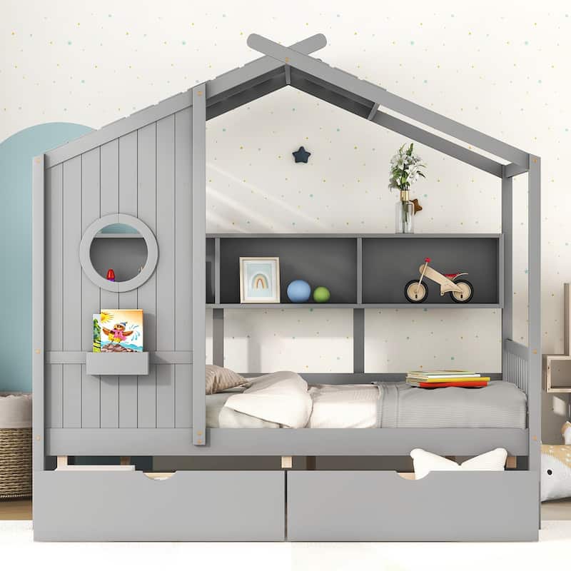 Full Wooden House Bed with Roof, Drawers, and Shelf