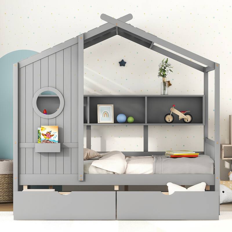 Wooden House Platform Bed with 2 Drawers and Storage Shelves, Kids Playhouse Bed Frame with Roof and Window Design - Gray - Full