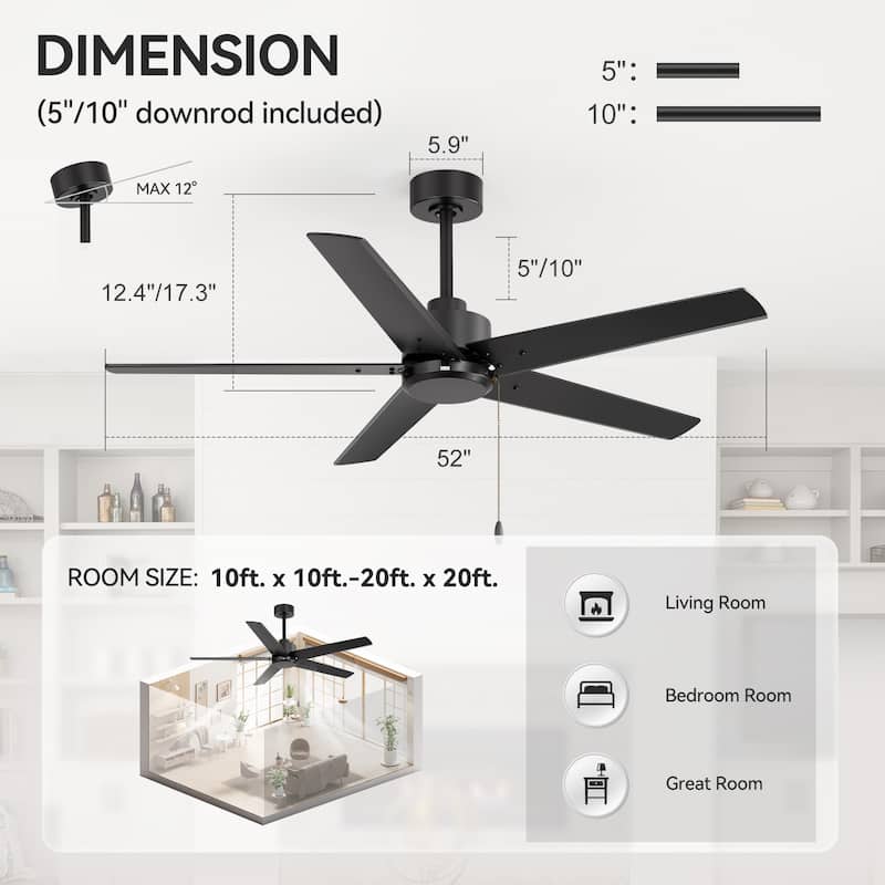 52" Indoor Traditional 5-Blade Ceiling Fan No Light with Pull Chain