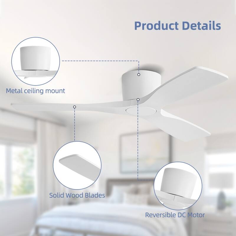 48Inch 3Blade Dc Motor Indoor Flush Mount Ceiling Fan With Remote