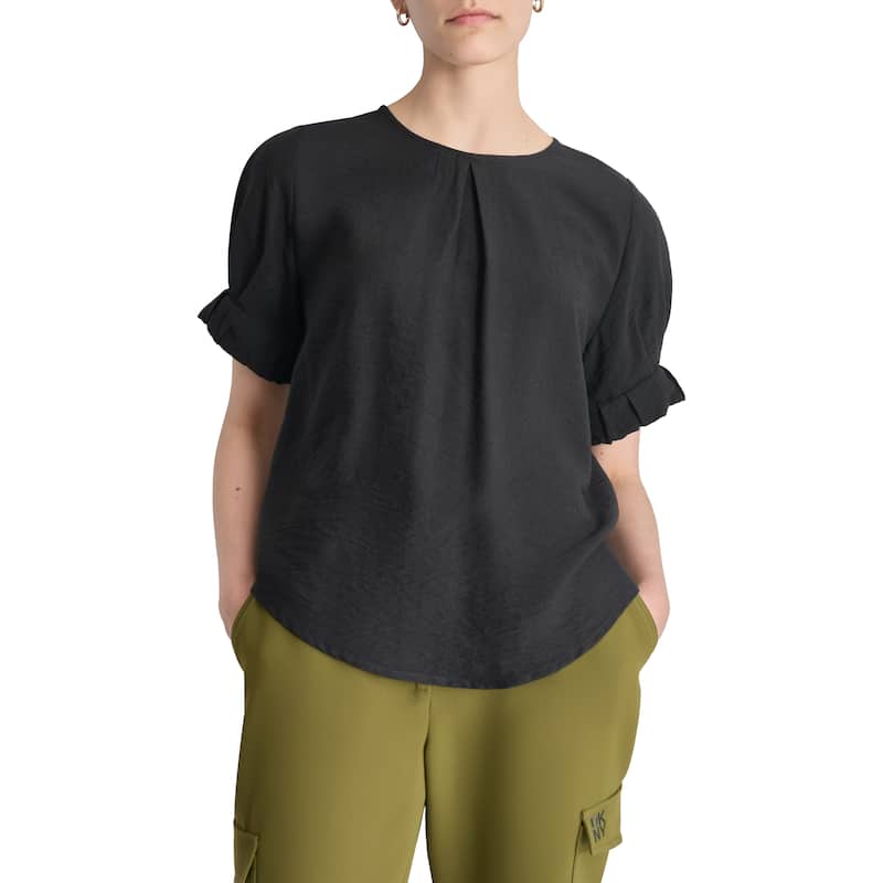 DKNY Roll-Sleeve Crinkle Crewneck Top