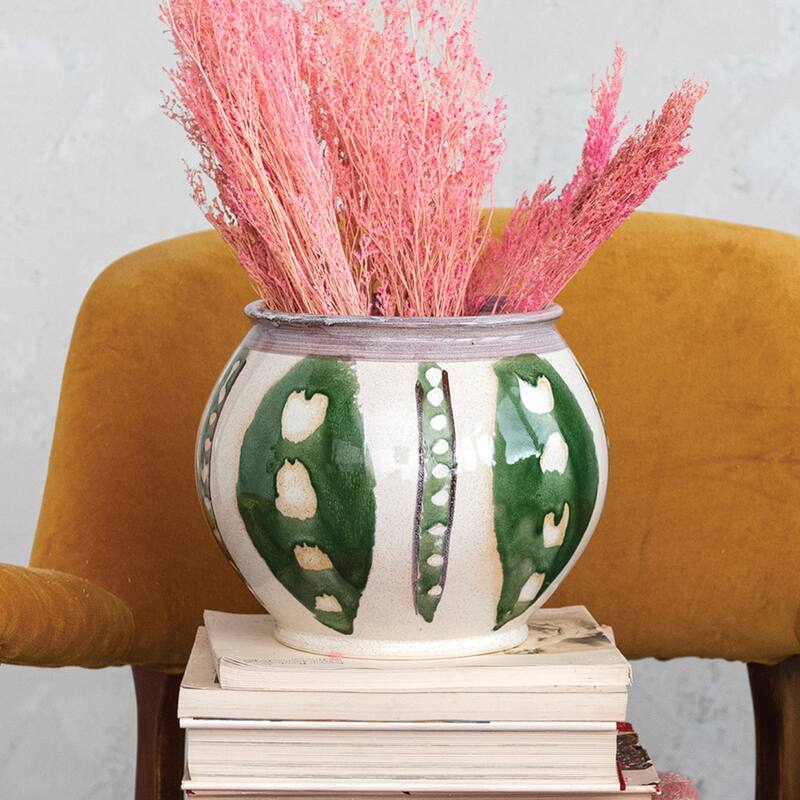 Hand-Painted Stoneware Planter with Reactive Glaze