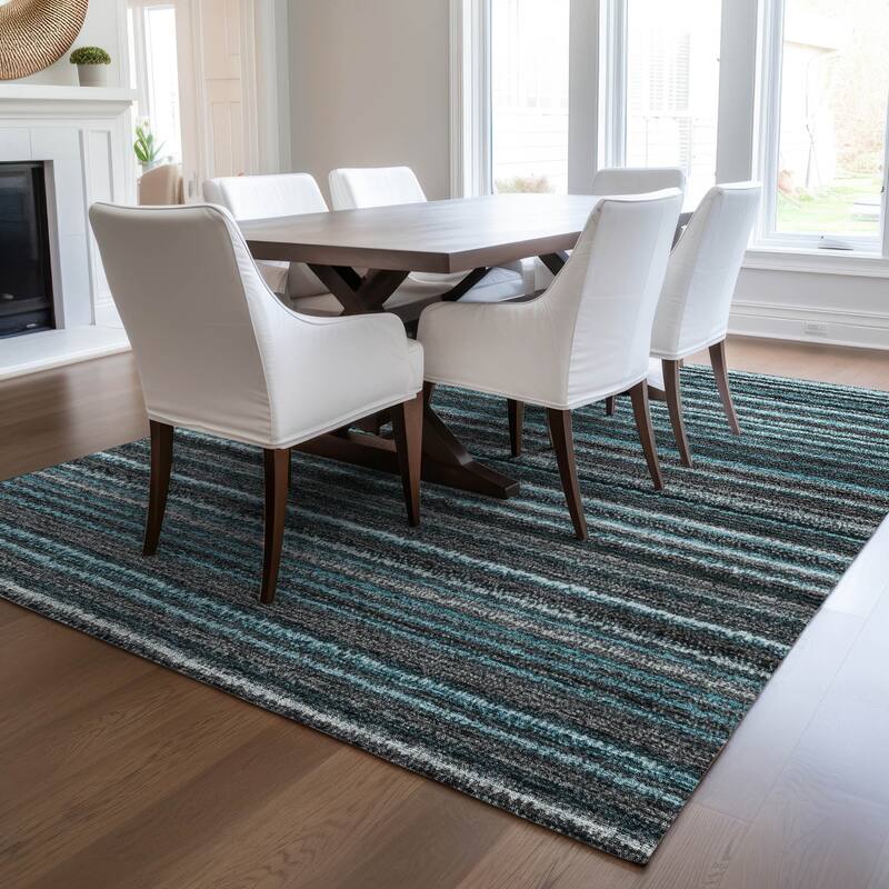 Machine Washable Indoor/ Outdoor Chantille Stripes Rug - Teal - 9' x 12'