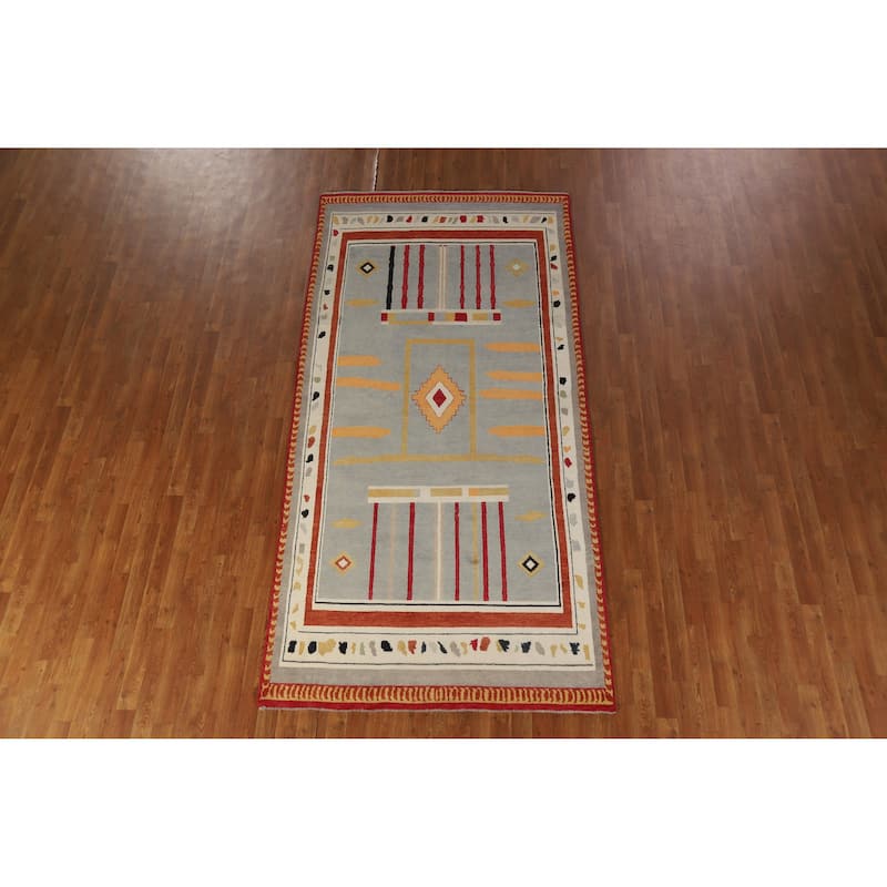 Hand Knotted Oriental 100% Wool Carpet Modern Geometric Greys & Charcoal Gabbeh Area Rug - 10' 0'' X 4' 11''