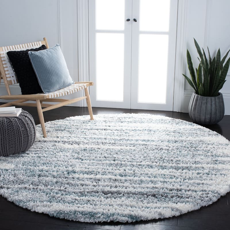 SAFAVIEH Fontana Shag Fatema Modern Abstract 2-inch Thick Rug - 6'7" Round - Ivory/Teal