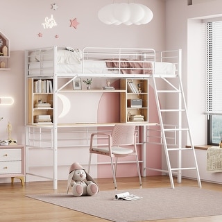Twin Size Metal Loft Bed with Desk, Shelf and Ladder for Kids, Boys and Girls, Bedroom