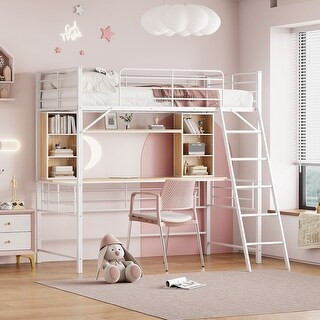 Twin Size Metal Loft Bed with Desk & Ladder for Kids