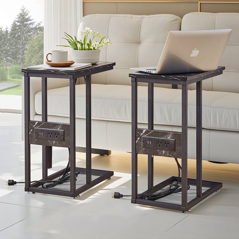 VECELO C Shaped End Table with Charging Station Sofa Table with USB Ports and Outlets C Couch Rustic Snack Bed Table - 11x19x24