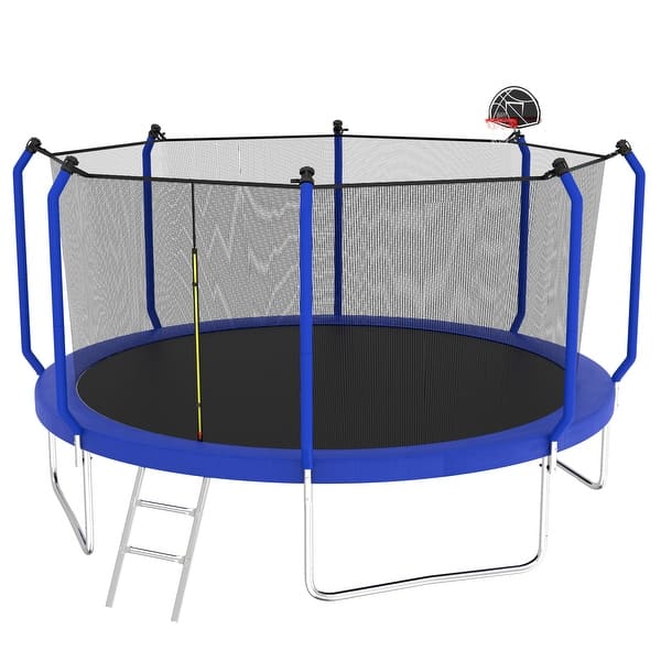 slide 2 of 9, Trampoline with Basketball Hoop, Outdoor Trampoline with Enclosure Net Kids