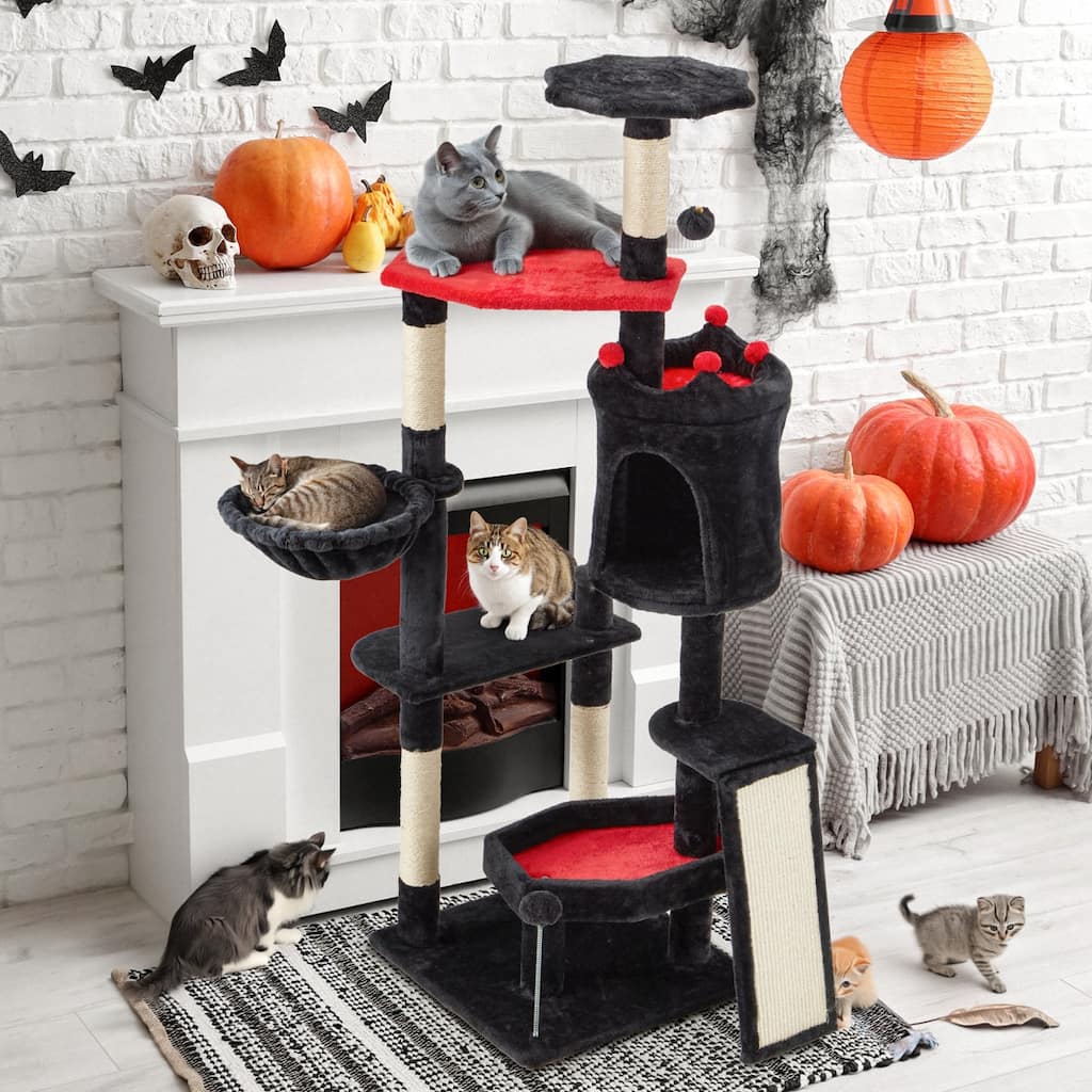 EROMMY 61.8 Inch Gothic Cat Tree Tower with Scratching Posts and Multi-Level Playhouse for Indoor Cats, Halloween Style Black