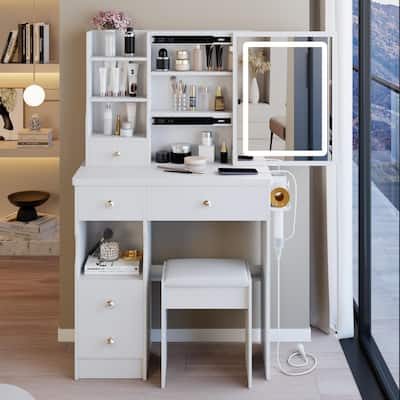 Small Vanity Desk with Sliding Mirror and LED Lights, Makeup Dressing Table with Drawers, Stool & Hair Dryer Bracket