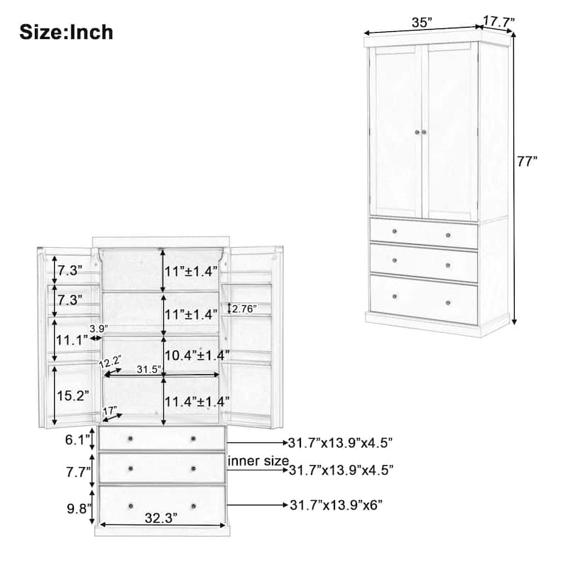 8 Door Shelves Farmhouse Kitchen Pantry, Freestanding Tall Cupboard Storage Cabinet with Adjustable Shelves