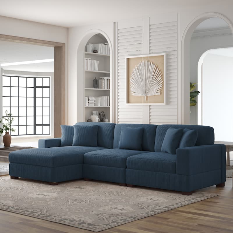 118" W Corduroy L-shape Modular Sectional Sofa with Pillows - Navy - Left Facing