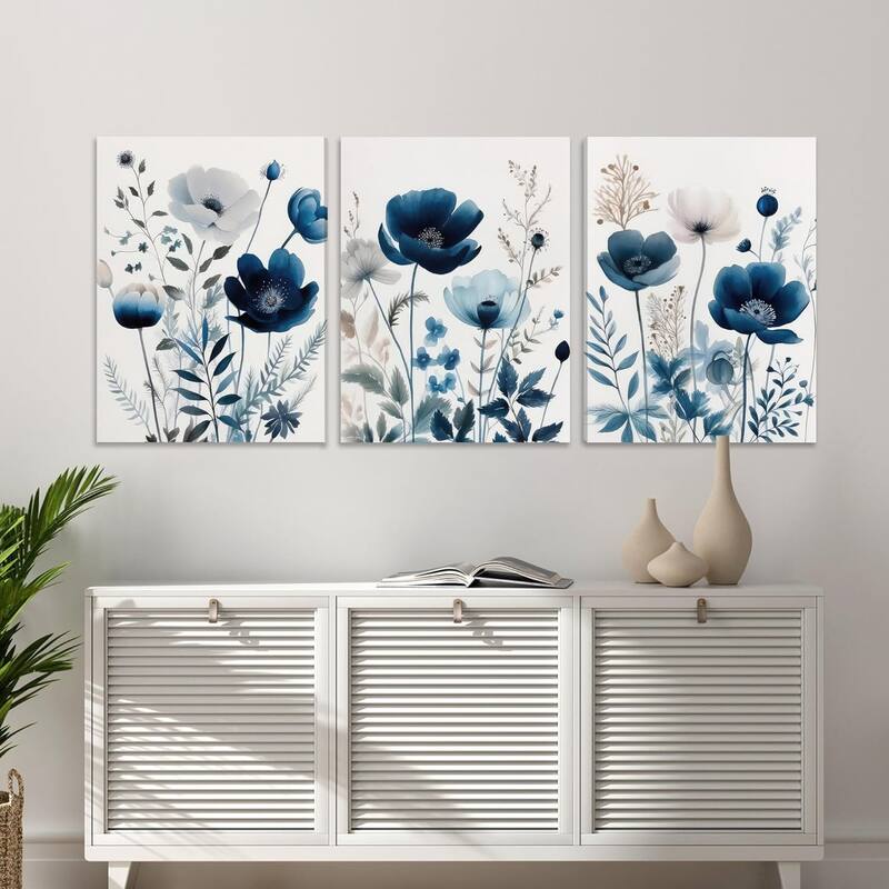 Elegant Navy Blue Wildflower Lily Daisy Art Wall Decor