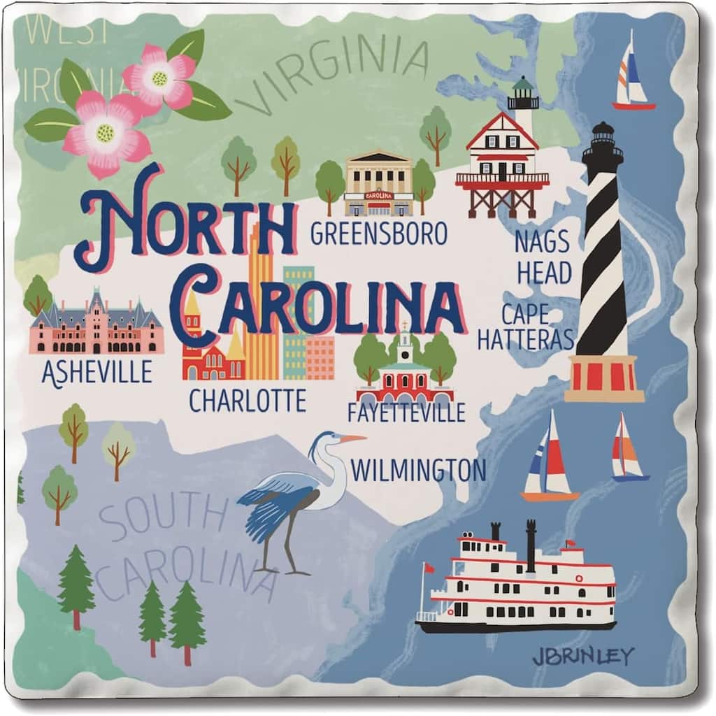 North Carolina Attractions 4 Pack Tumbled Tile Stone Coasters with Protective Cork Backing 4” Square Manufactured in The USA