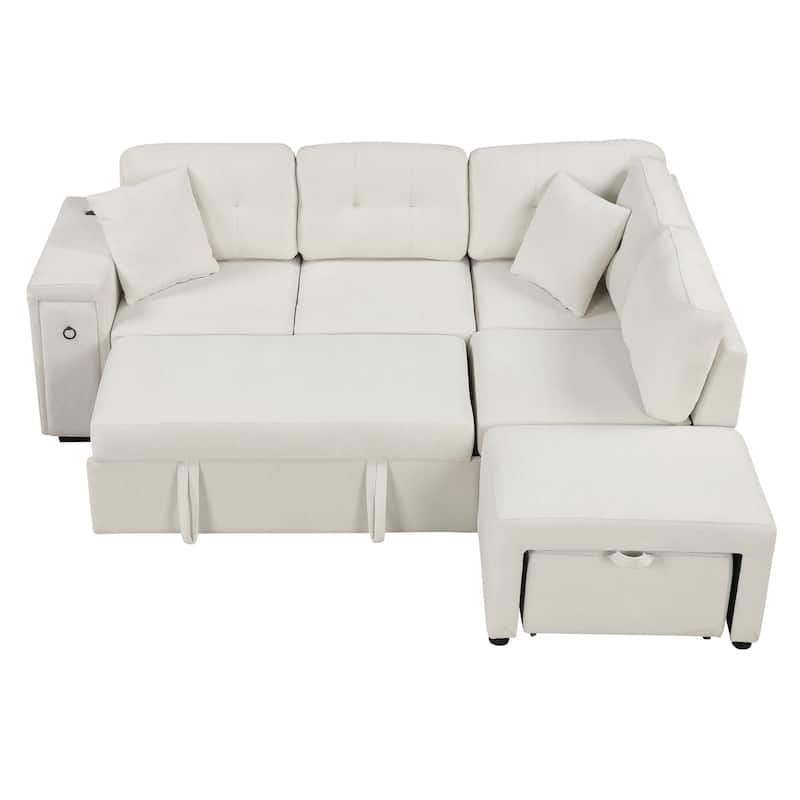 86.6" L-Shaped 4-Seat Sectional Sofa with Pull-Out Bed, Movable Ottoman, USB Ports, and Drop-Down Table Cup Holder