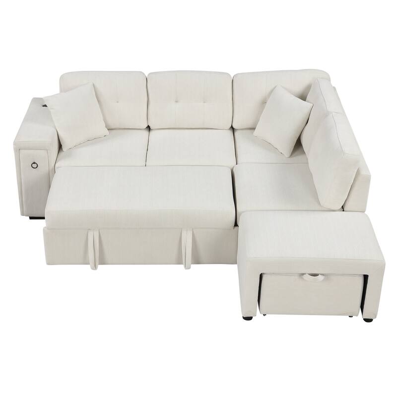 Beige 86.6" L-Shaped 4-Seat Sectional Sofa with Pull-Out Bed, Movable Ottoman, USB Ports, and Cup Holder Drop-Down Table