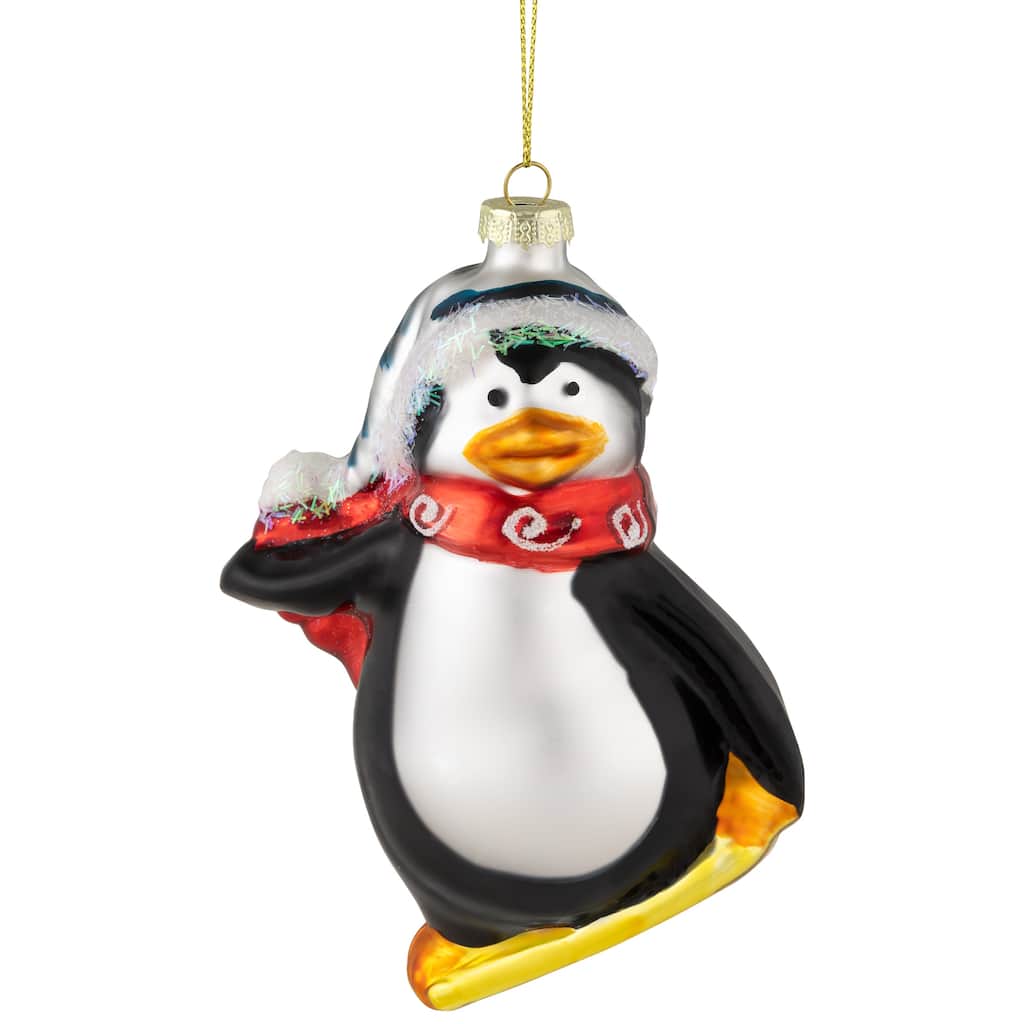 Snowboarding Penguin Glass Christmas Ornament - 4.25" - Black White and Red