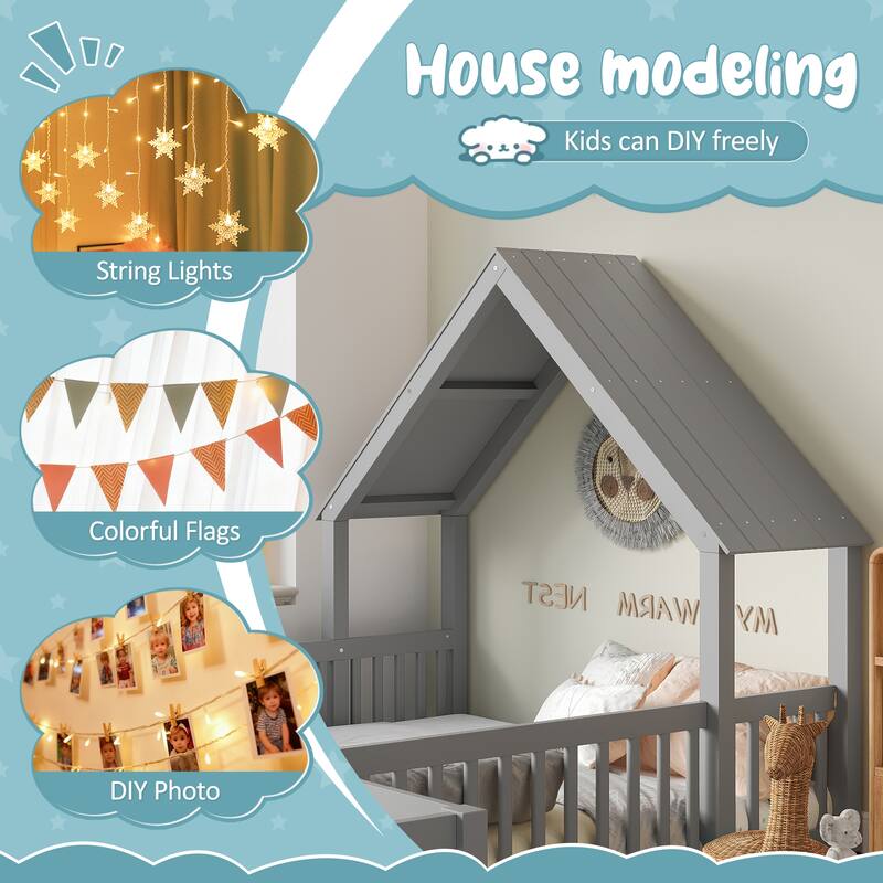 Full Size House Floor Bed, Double Full Floor Bed with Door and Full-length Guardrails, Multi-function Design