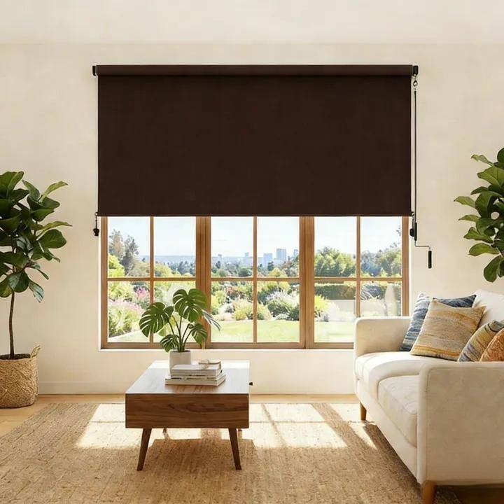 Solar Crank Outdoor Roller Shade with Teslin, No Cassette -  6x6 ft - Brown