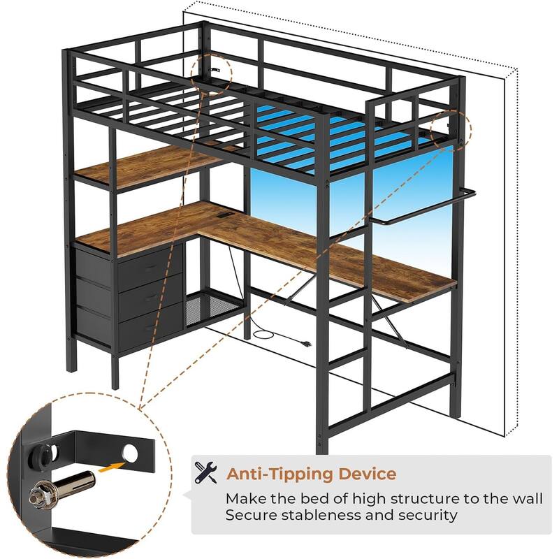 Loft Bed with L-Shaped Desk Charging Station Metal LED Lights 3 Fabric Drawers