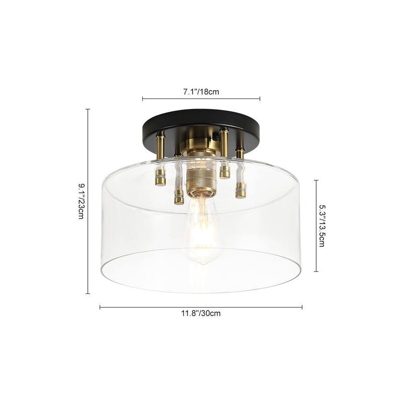 Farmhouse Black Brass 1-Light Glass Drum Semi Flush Ceiling Fixture - 11.8 Inches