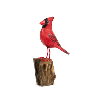 Wood Cardinal Bird Figurine - Hand Carved Red Songbird Sculpture, Rustic Wildlife Decor - 7.5" tall x 3.5" wide x 3" deep