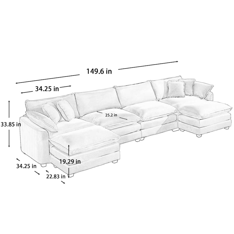 Grey 150" Corduroy Modular U-Shaped Sectional Sofa with 2 Ottomans