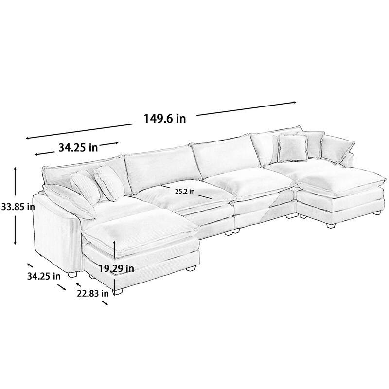 U-Shape Modular Sectional Sofa Set with 2 Ottomans, 4-Seat Corduroy Upholstered Sofa with Removable Armrests for Livingroom