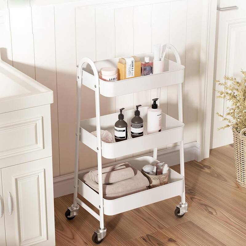 3 Tier Utility Rolling Cart, Metal Storage Cart, Storage Organizer Trolley for Kitchen, Living Room, Office, Garage