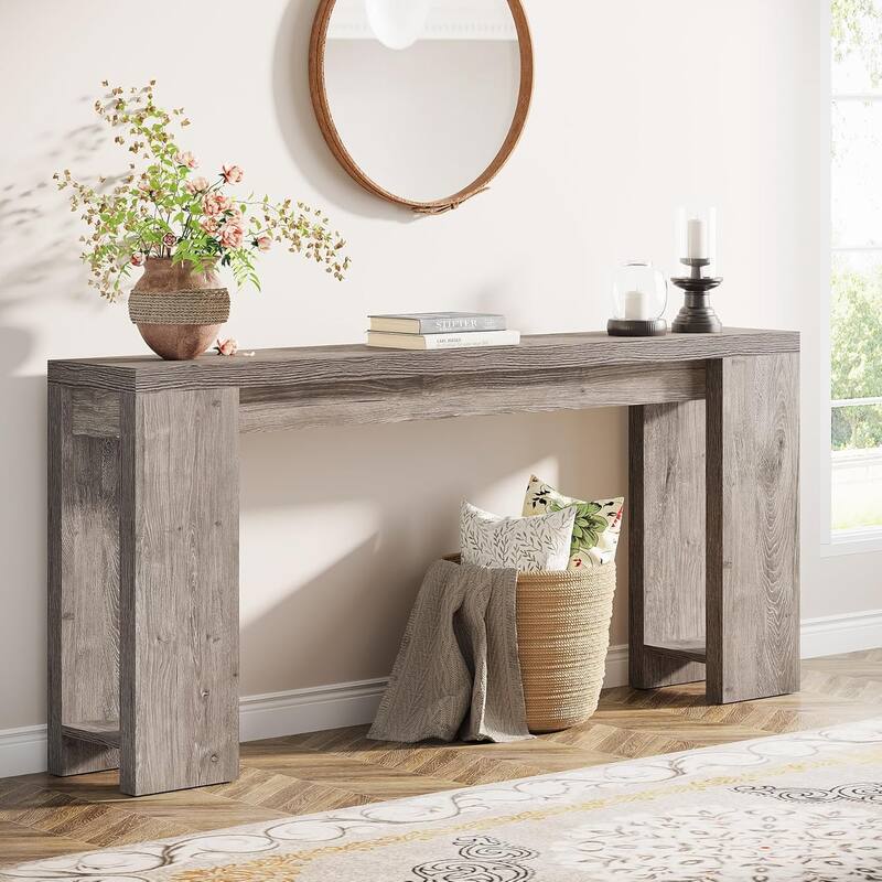 70.9" Extra Long Farmhouse Console Table, Narrow Wood Sofa Table Behind Couch, Rustic Grey Entryway Accent Table with Storage - Grey Ash