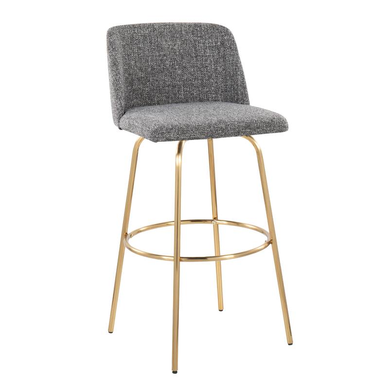 Silver Orchid Vallberga 30" Fixed-Height Bar Stool with Metal Base & Round Gold Footrest (Set of 2) - Grey Noise Fabric/Gold Metal Base